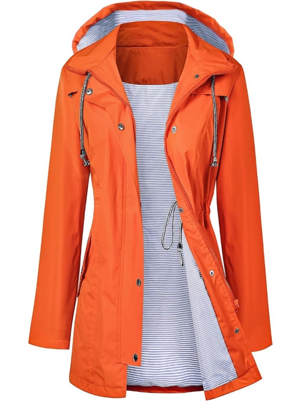 Women's Orange Hooded Waterproof Adjustable Drawstring Windbreaker Trench Coat